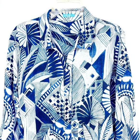 J. MCLAUGHLIN Women’s XL Blue Linen LS Button-Up Top Blouse Tropical Palm Floral - Picture 9 of 14